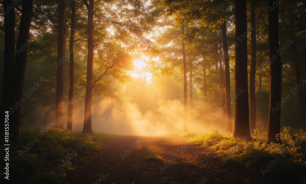 Golden sunrise through misty forest Golden sunrise through misty forest