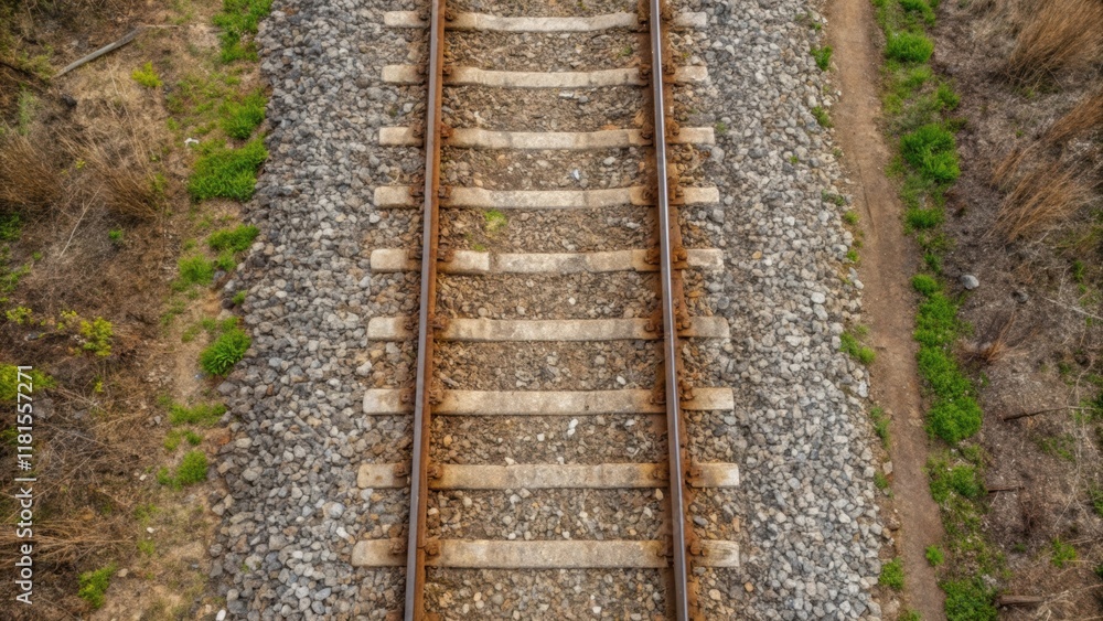 An overhead shot of a railway section where the gravel ballast is tered unevenly with some areas densely packed and others showing patches of soil. This variation in coverage An overhead shot of a railway section where the gravel ballast is tered unevenly with some areas densely packed and others showing patches of soil. This variation in coverage