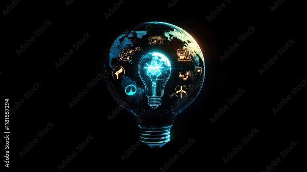 A futuristic globe in the form of a light bulb with renewable energy icons around it A futuristic globe in the form of a light bulb with renewable energy icons around it