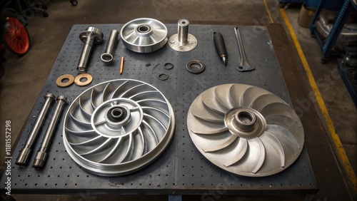 An overhead shot of fan components organized on a metal workbench showcasing the impellers arranged meticulously next to various hand tools. The light reflects off the polished photo