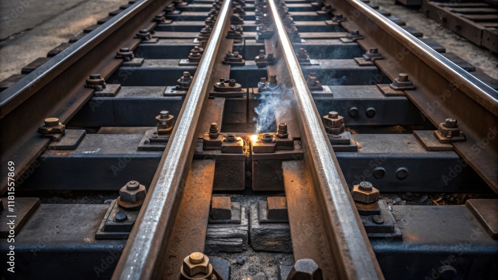 An overhead view of an industrial rail joint featuring the interlocking plates and bolts that secure the tracks together. The focus is on the precision alignment of the joint with An overhead view of an industrial rail joint featuring the interlocking plates and bolts that secure the tracks together. The focus is on the precision alignment of the joint with