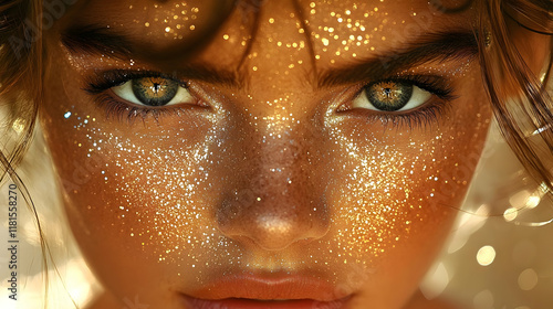 Golden Glitter Makeup Shines Brightly, Enhancing Natural Beauty Flawlessly photo