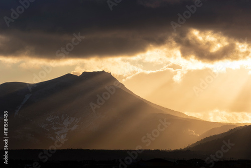 Mendeleev volcano at sunset in winter, Kunashir, South Kuril Islands. Russia photo