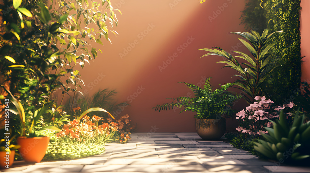 tropical garden with palm trees and sun tropical garden with palm trees and sun