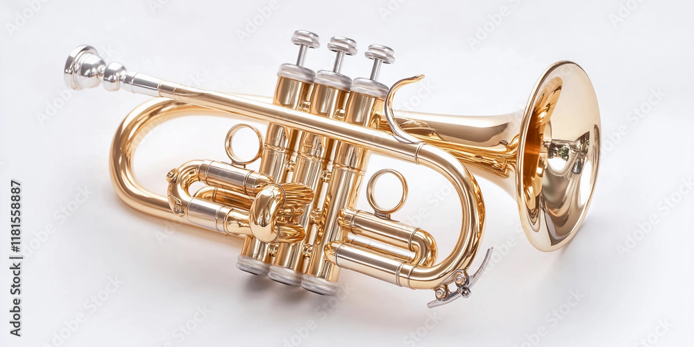 Naklejka premium Golden trumpet resting on a white surface for display
