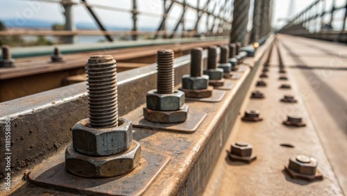 An upclose view of the anchoring system showcasing bolts and fittings that will secure the lines to the bridge structure with worn surfaces visible that indicate previous photo