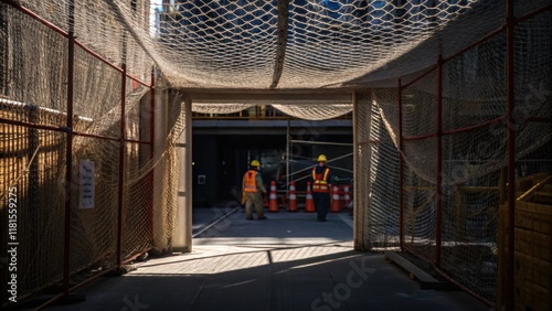 A perspective focusing on the entrance to the construction site where two sections of netting overlap. The intricate interplay of shadows and light creates a dynamic pattern while photo