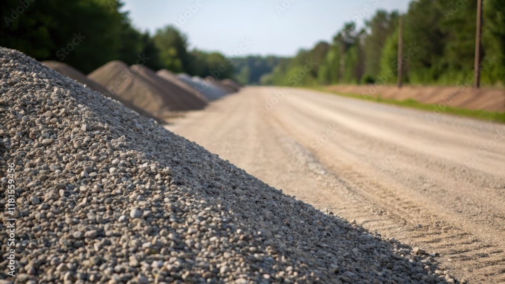 A perspective view capturing the transition from the somewhat jagged edges of the gravel piles to the perfectly leveled surface of the roadbed. The gravel appears to cascade down A perspective view capturing the transition from the somewhat jagged edges of the gravel piles to the perfectly leveled surface of the roadbed. The gravel appears to cascade down