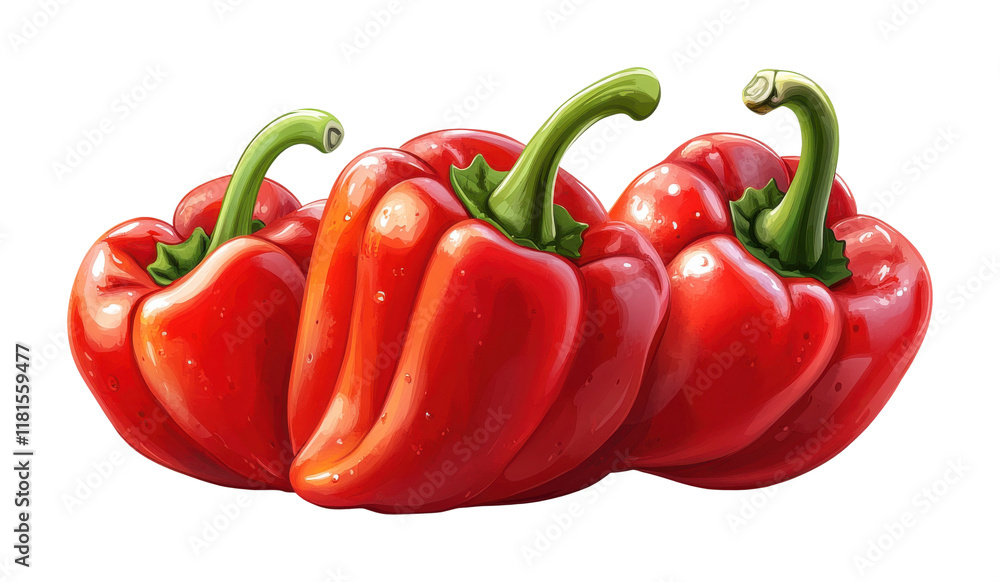 Three vibrant red bell peppers for culinary use, cooking, and recipe presentation. Isolated on transparent background, png. Three vibrant red bell peppers for culinary use, cooking, and recipe presentation. Isolated on transparent background, png.