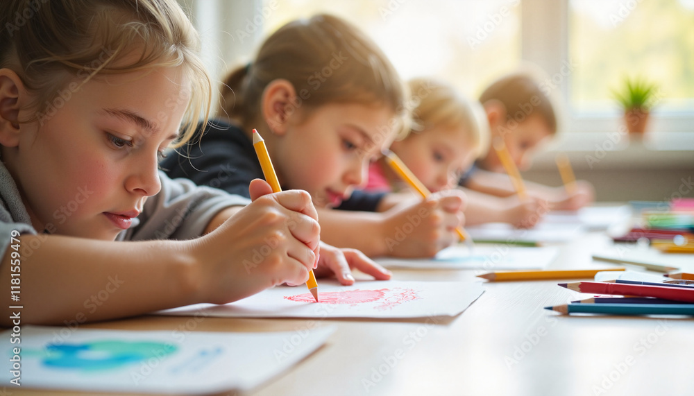 Focused first-grade students drawing with colored pencils in classroom, creativity Focused first-grade students drawing with colored pencils in classroom, creativity