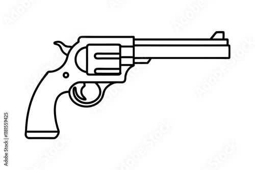 Classic Revolver Handgun Vector Line Art, Black and White Vintage Outline Style