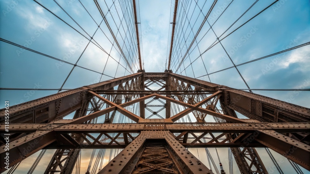 A powerful lole shot of the girders reveals the scale of the steel construction as they loom overhead. Dramatic lines converge towards the heavens interspersed with cables and A powerful lole shot of the girders reveals the scale of the steel construction as they loom overhead. Dramatic lines converge towards the heavens interspersed with cables and