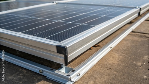 A photograph zoomed in on the edges of the solar panels exposes the aluminum framing that holds each panel securely. The contrast between the matte frame and the glossy panel