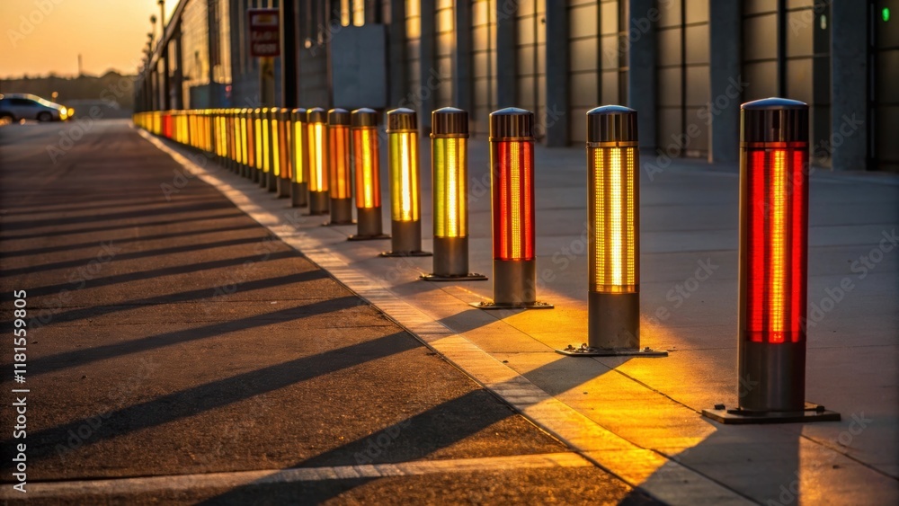 A row of reflective delineators is depicted their vibrant colors reflecting the warm hues of the setting sun. The golden light glints off the surfaces and shadows stretch across