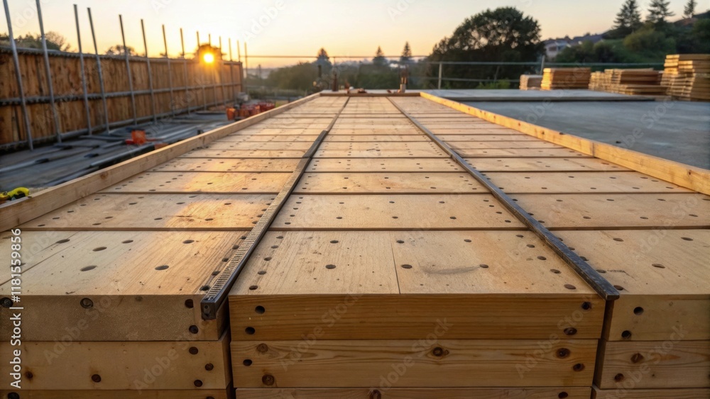 Obraz premium A section of formwork illuminated by early morning light revealing the rich grain of the wooden panels. The surface is dotted with small knots and imperfections telling the story