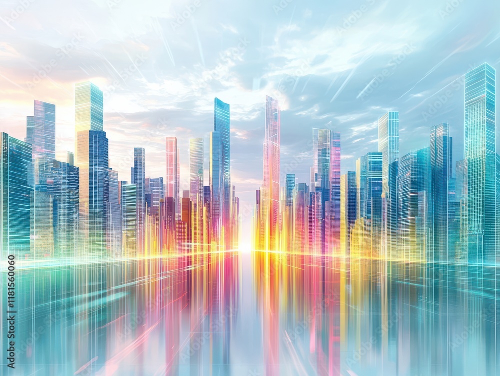 Futuristic city skyline with vibrant colors reflecting in water at sunset. Futuristic city skyline with vibrant colors reflecting in water at sunset.