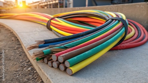 A series of highvoltage cables arranged in a tangled heap captured from an angle that emphasizes the chaos of their shapes. The vivid colors of the insulation are juxtaposed photo