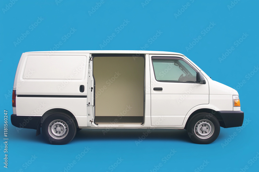 White delivery van parked against a blue background White delivery van parked against a blue background