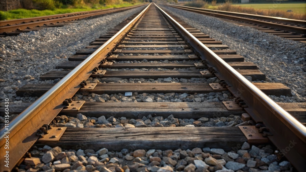 A side angle captures the intersection of the track and ballast focusing on the perfectly spaced wooden sleepers that stabilize the rails. The ballast surrounds the sleepers A side angle captures the intersection of the track and ballast focusing on the perfectly spaced wooden sleepers that stabilize the rails. The ballast surrounds the sleepers