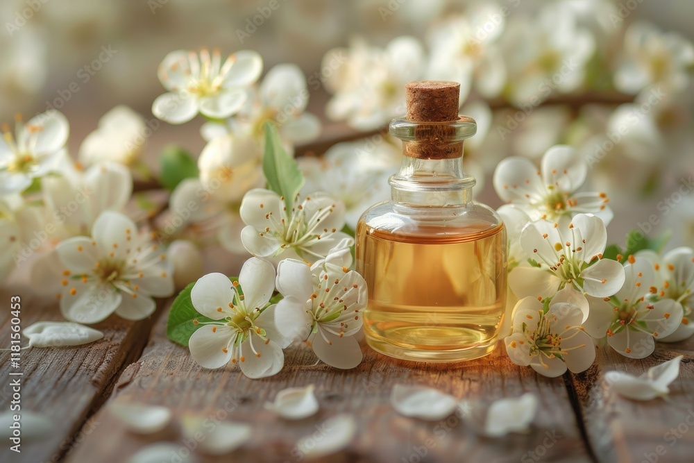 A small glass bottle filled with essential oil surrounded by blooming white flowers on a rustic wooden surface in spring A small glass bottle filled with essential oil surrounded by blooming white flowers on a rustic wooden surface in spring