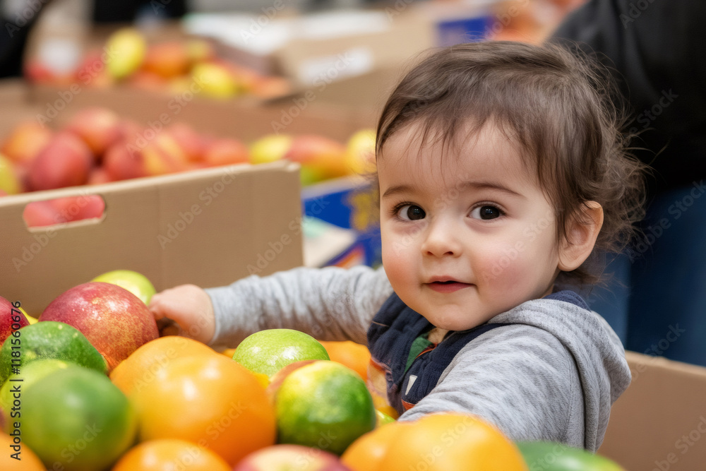 Fototapeta premium Cute toddler selecting fresh produce from cardboard boxes at a grocery store, promoting healthy eating habits from a young age