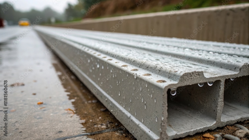 A side view of a single precast stormwater channel piece emphasizing the reinforced ribbing along its exterior for added strength. The image captures droplets of water pooling in A side view of a single precast stormwater channel piece emphasizing the reinforced ribbing along its exterior for added strength. The image captures droplets of water pooling in