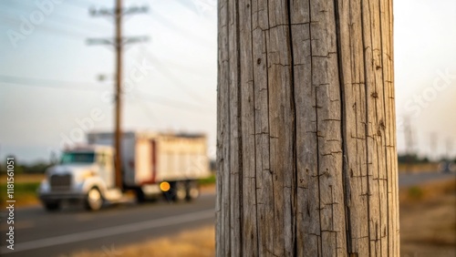 A sweeping closeup view tracing the lines of a utility poles surface revealing the unevenness and natural wear from exposure to the elements. The background fades into a soft blur