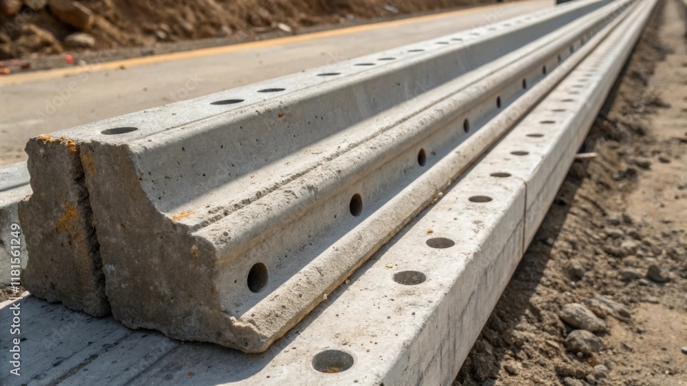A tightly cropped image highlighting the wide grooves and drainage holes along the edges of a precast concrete rail tie with dirt and construction debris subtly enhancing the raw A tightly cropped image highlighting the wide grooves and drainage holes along the edges of a precast concrete rail tie with dirt and construction debris subtly enhancing the raw