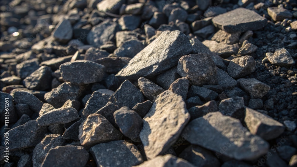A texture study of asphalt millings capturing a closeup of the jagged edges and angular shapes of the millings. Sunlight creates shadows between the pieces emphasizing the variety A texture study of asphalt millings capturing a closeup of the jagged edges and angular shapes of the millings. Sunlight creates shadows between the pieces emphasizing the variety