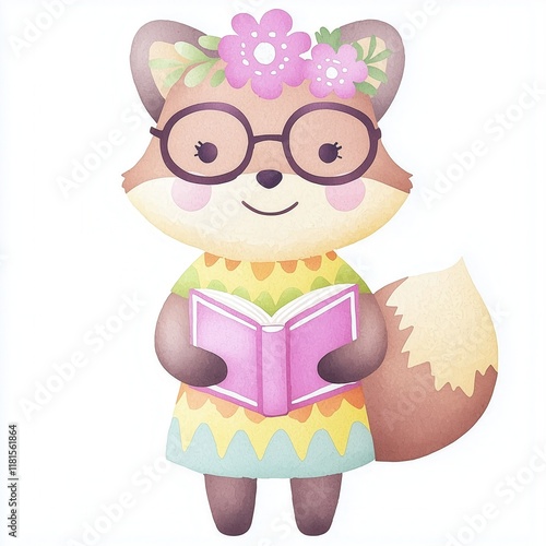 Wallpaper Mural Cute fox character reading a book with glasses and flowers. Torontodigital.ca