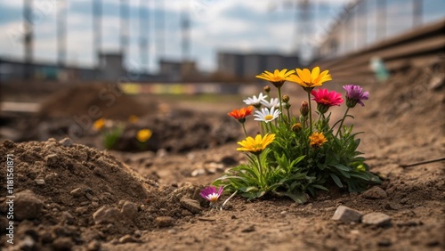 A vibrant closeup reveals a patch of wildflowers sprouting stubbornly amidst the dumped soil. The bright colors of the flowers provide a stark contrast to the dull browns and tans photo