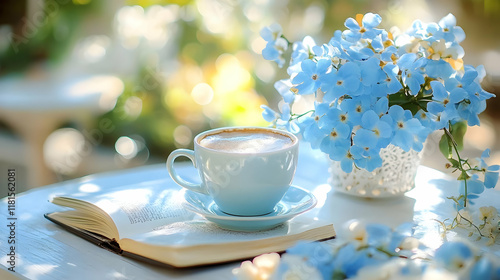 Coffee, Book, and Flowers C...