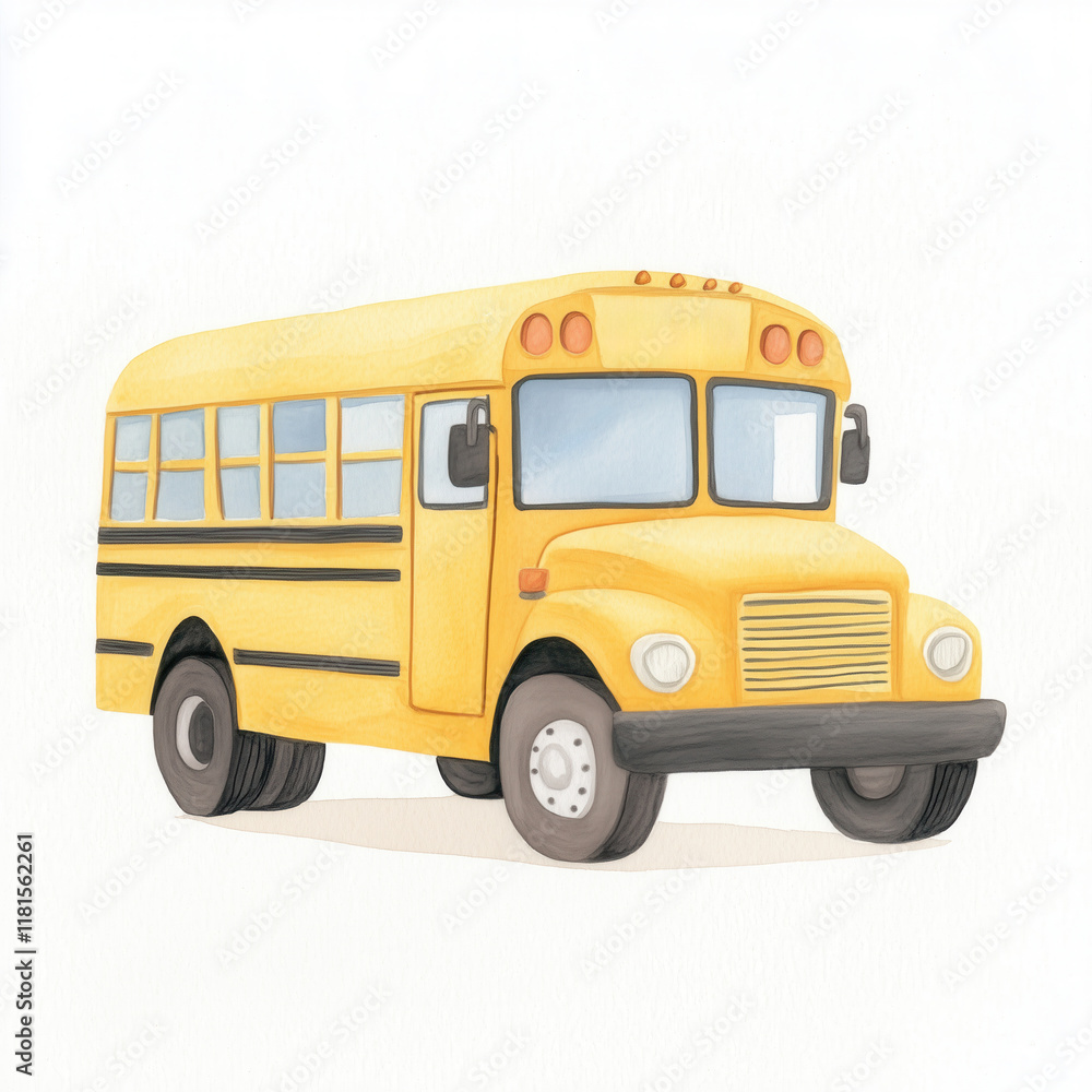First Day Back to School Supplies. Bright yellow school bus with windows and black stripes. First Day Back to School Supplies. Bright yellow school bus with windows and black stripes.