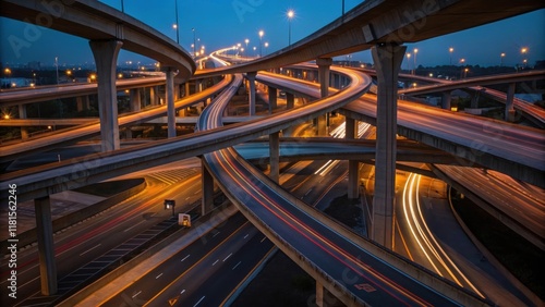 A view of an intricate network of highway signs illuminated at night some flickering and others steady. The variety of shapes and colors creates a visual cacophony against the