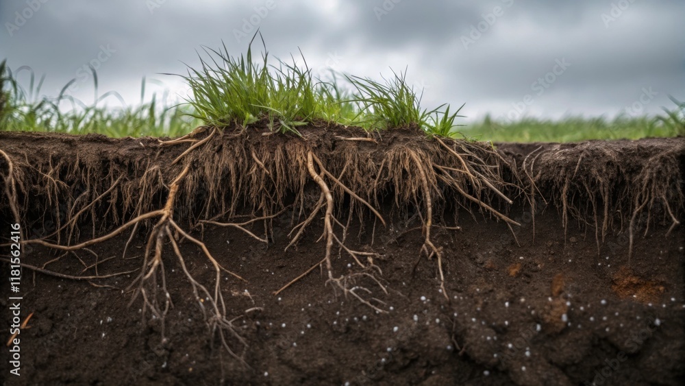 Fototapeta premium A vivid image capturing the texture of exposed roots from nearby vegetation tangled with the disturbed soil of the drainage ditch. Insects scurry over the wet surface and a faint