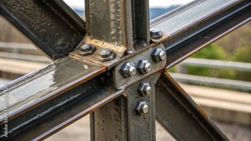 A visually striking closeup of a trusss connection point reveals the robust bracketry used to join multiple pieces together. The mix of shiny and slightly tarnished surfaces photo