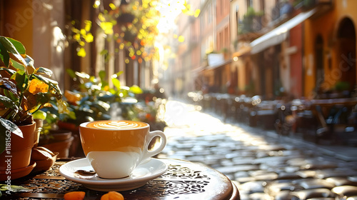 Coffee Cup Sits on Table Ou...