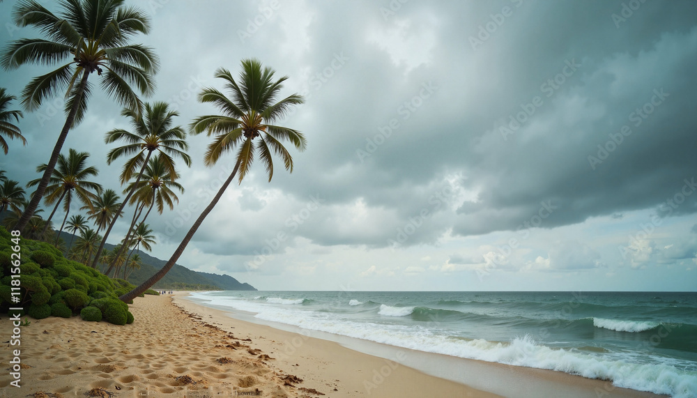 Obraz premium Quiet beach with palm trees Copy space Tropical beach with palm trees under cloudy skies