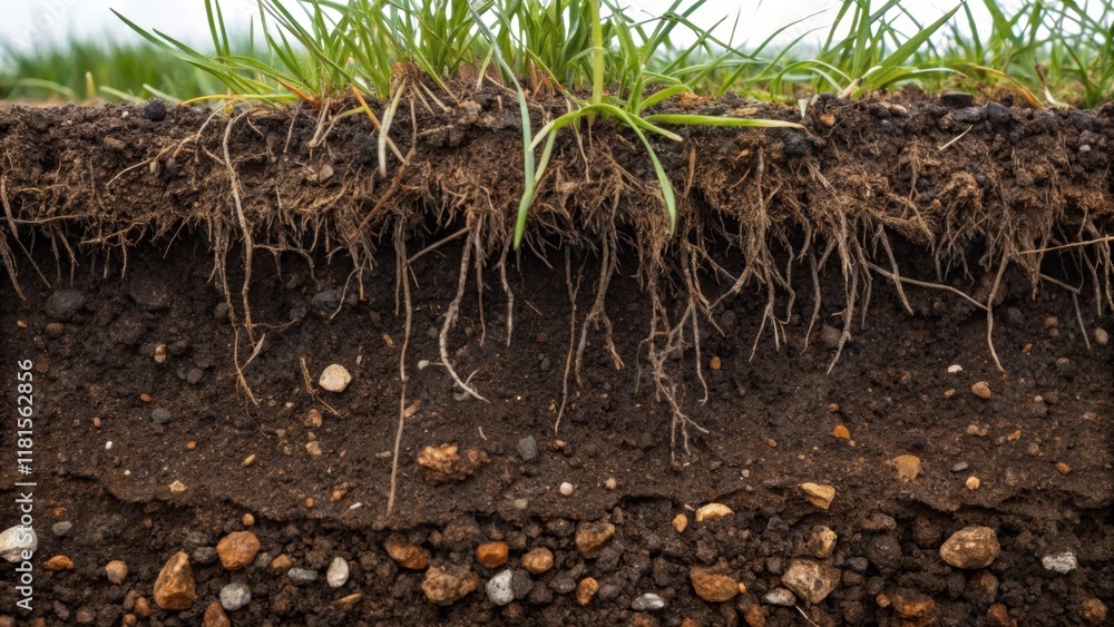 Fototapeta premium A zoomedin shot of freshly dug earth showcasing layers of different soil types and plant debris with tered grass roots intertwining through the dark moist soil. Small pebbles and