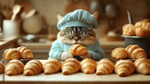 Cat Baker Holds Croissant, ...