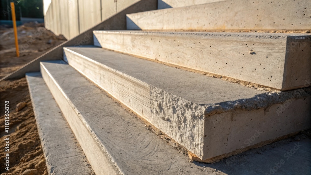 Closeup of the edge of a steep precast concrete step where the light casts sharp shadows highlighting the rough grain of the surface and the subtle variations in color suggesting Closeup of the edge of a steep precast concrete step where the light casts sharp shadows highlighting the rough grain of the surface and the subtle variations in color suggesting