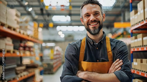 smiling Man in building materials store consults with seller Between shelves in DIY store, friendly salesman in overalls talks about product that buyer is pointing at