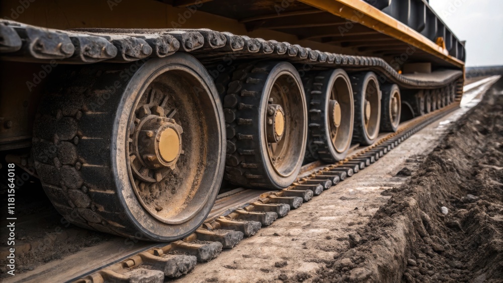 Closeup of the wheel tracks on a specialized transport vehicle used to move tunnel segments capturing the rugged terrain beneath. The mud and debris caked on the wheels create a