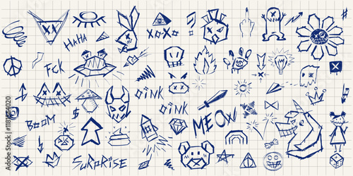 Notebook page pen and markers doodles set. Collection of abstract lettering , quick sketches of evil animals, angular chaotic lines, dirty ink symbols