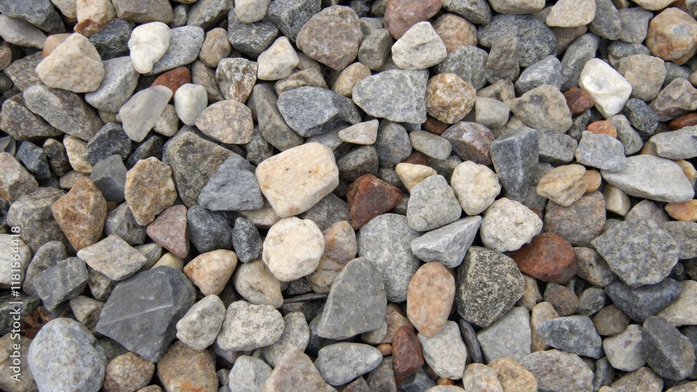Detailed view of the different sizes in the crushed aggregate emphasizing the ing of small and large stones together. The conglomeration creates a mosaic effect where slight shifts Detailed view of the different sizes in the crushed aggregate emphasizing the ing of small and large stones together. The conglomeration creates a mosaic effect where slight shifts