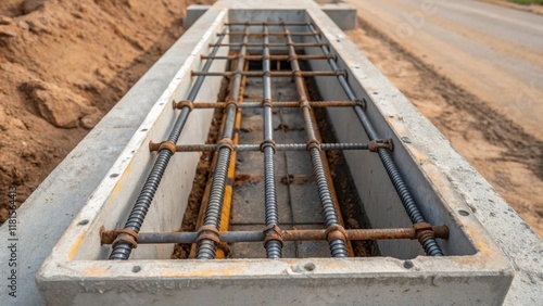 Detailed view of the intricate embedments within a precast concrete slab revealing metal reinforcements and utility conduits with rust spots indicating age and use set against the photo