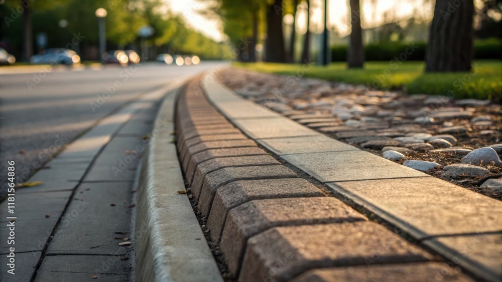 Focused on the sectional joints this image presents the alignment of pre curbing as it forms a continuous line along the boulevard. Each piece exhibits slight variations in color Focused on the sectional joints this image presents the alignment of pre curbing as it forms a continuous line along the boulevard. Each piece exhibits slight variations in color