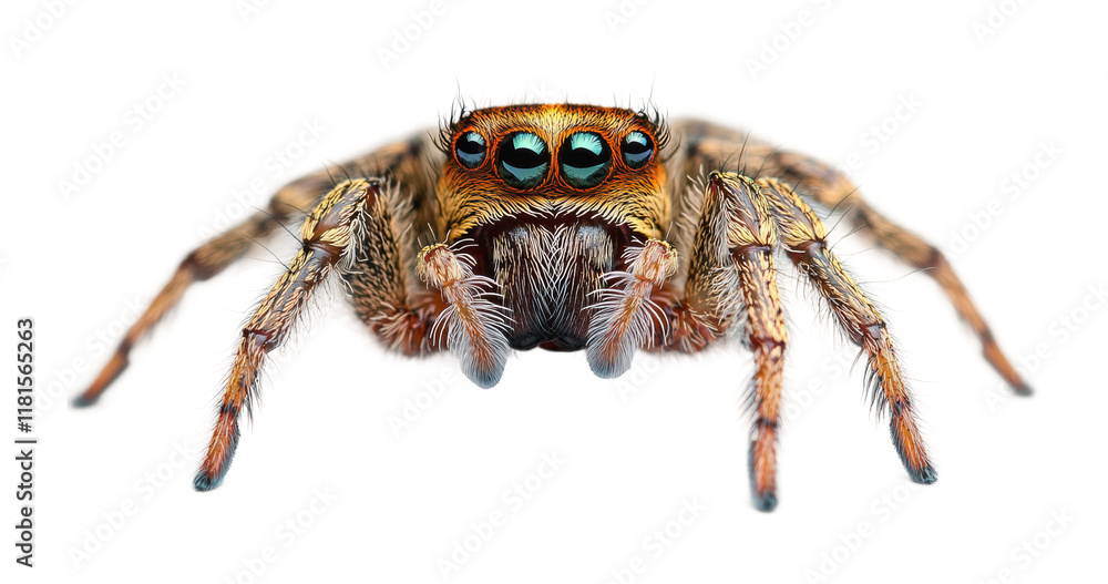 Close-up of hairy jumping spider, detailed macro of exotic arachnid with large eyes, intricate body texture, wild nature creature isolated on transparent background Close-up of hairy jumping spider, detailed macro of exotic arachnid with large eyes, intricate body texture, wild nature creature isolated on transparent background