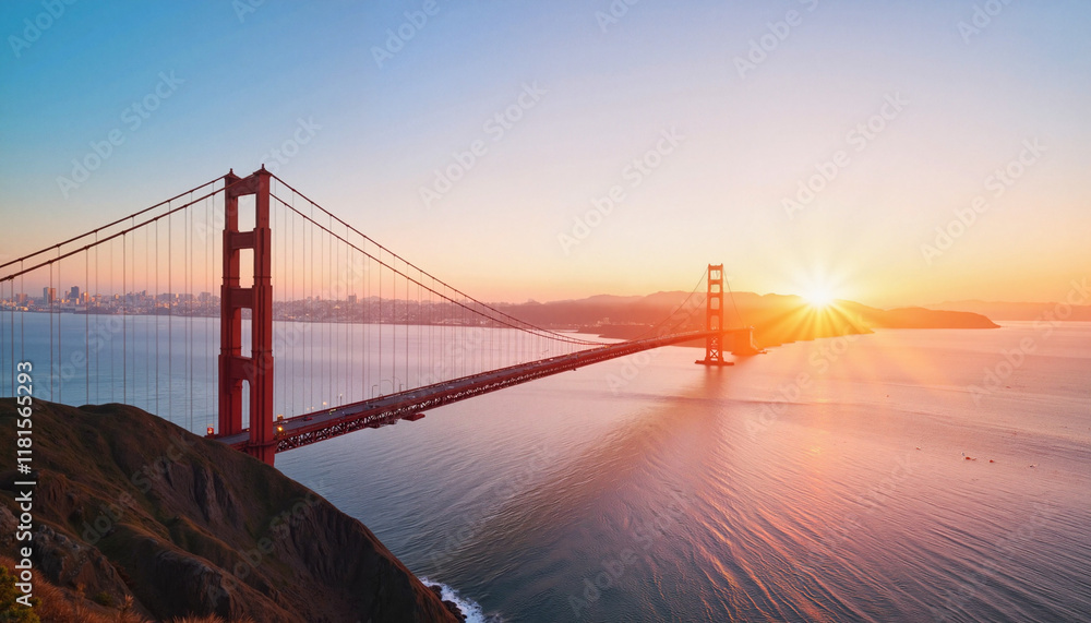 Fototapeta premium Golden Gate Bridge glowing at sunrise with calm waters
