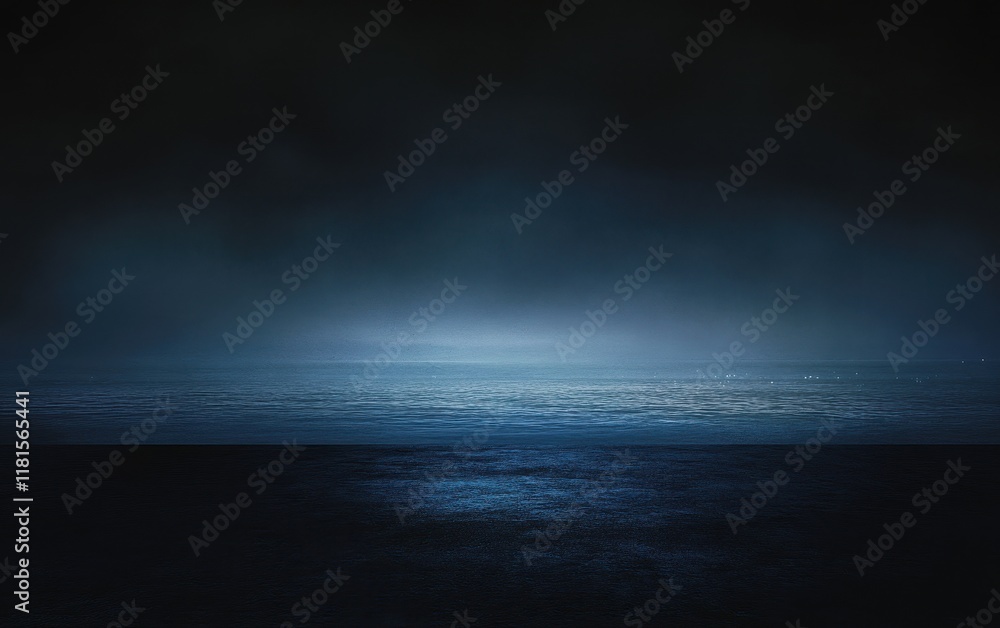 Moody Night Seascape Dark Horizon Over the Ocean with Fog and Reflections. Moody Night Seascape Dark Horizon Over the Ocean with Fog and Reflections.